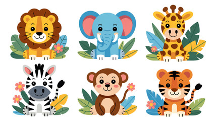 Cute Safari Animals Vector Set  Jungle Creatures and Floral Elements Collection © MSTPOPI