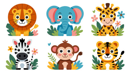 Fototapeta premium Cute Safari Animals Vector Set Jungle Creatures and Floral Elements Collection