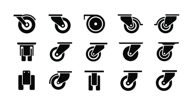 Collection of caster wheel icons in a minimalist black style silhouette