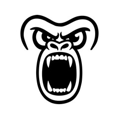 Dibujo minimalista con líneas de la cabeza de un simio enojado con la boca abierta enseñando los colmillos, mirando de frente  © teracreonte