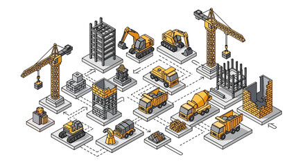 Pixel Art Construction Site with Cranes, Excavators, and Buildings © Zahra