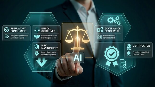 Professional businessman interacting with a high-tech digital interface displaying AI ethics, regulatory compliance, and governance frameworks for responsible technology in a corporate office.