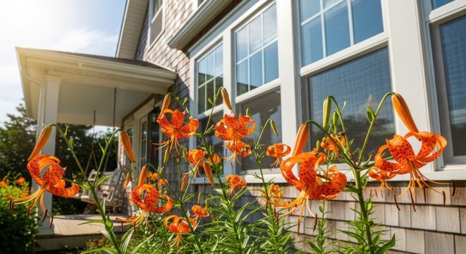 orange daylilies blooming outside house