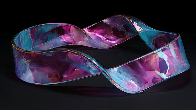 Abstract 3D Render of an Iridescent Mobius Strip with Translucent Glass Texture on a Dark Background