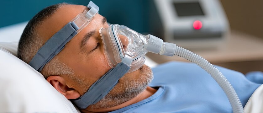 Elderly man resting in hospital bed wearing cpap mask, with medical monitor in blurred background and teal wall in view