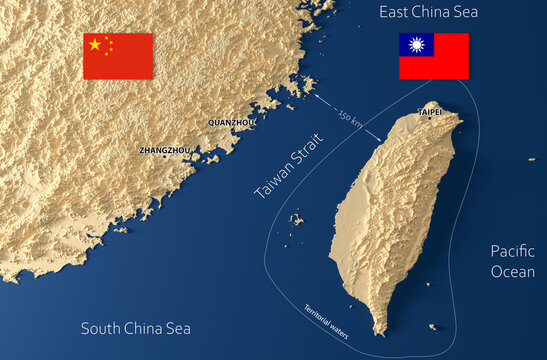 Taiwan Strait Topographic Map with China and Taiwan National Flags - 3D rendering