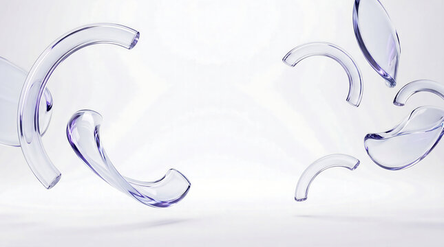 Minimalist 3D Abstract Background with Floating Curved Glass Elements and Translucent Purple Shapes on White