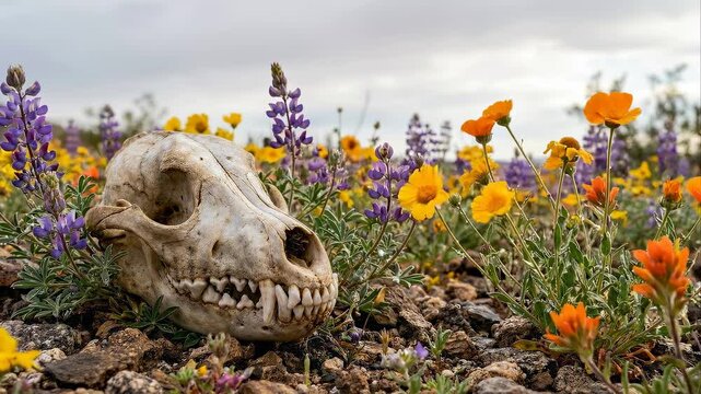 Static close up of animal skull resting among blooming wildflowers on rocky desert ground during overcast spring daytime
