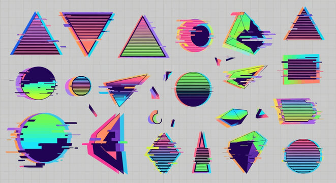 Set of Geometric Shapes with Glitch Effect and Vibrant Retro Colors