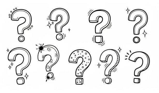 Playful doodle question mark icon set fun hand drawn symbols with ink splash elements vector illustration