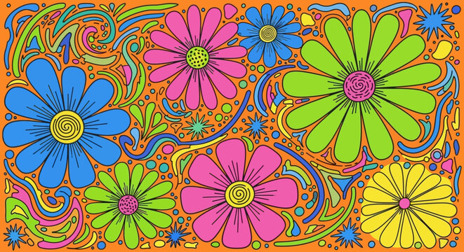 Psychedelic Retro Floral Pattern with Vibrant Colorful Flowers and Swirls