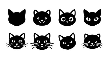 Obraz premium Black cat head icons set, 8 minimalist feline face silhouettes, cute kitten character avatars, flat vector animal graphics for logos and stickers