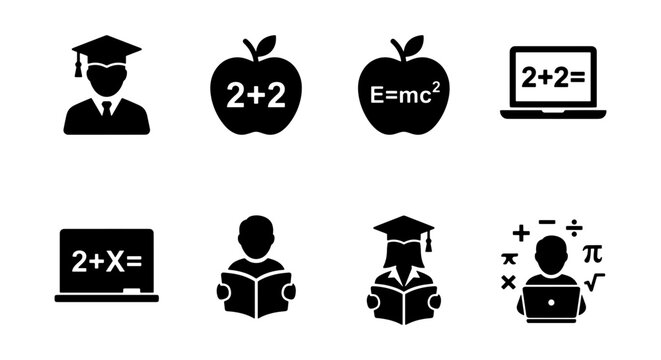 Education and mathematics icon set, black solid vector symbols of students and learning, school and university academic elements for web design