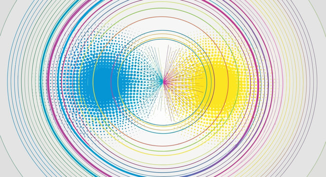 Abstract Background with Colorful Concentric Circles and Halftone Patterns