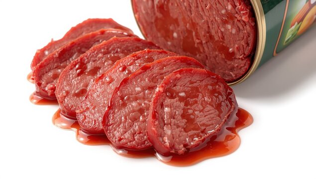 sliced canned corned beef on a white backdrop