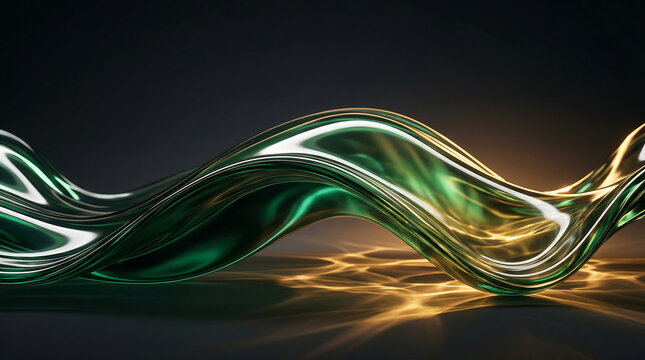 Abstract Green and Golden Glass Wave Flowing on Dark Background with Caustic Light Reflections