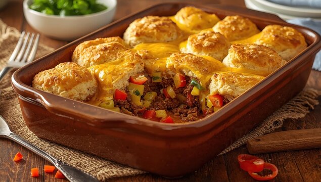 John Wayne Casserole is a hearty layered dish featuring taco meat, buttery biscuits, veggies, and a cheesy topping, showcased in a baking dish on the table.
