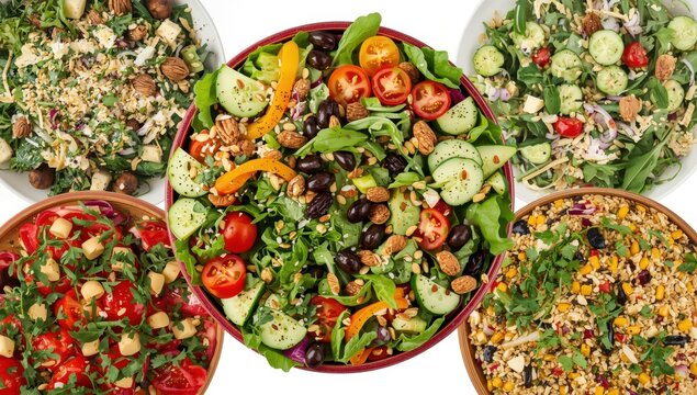 top view of a plate with a variety of salads on a white background