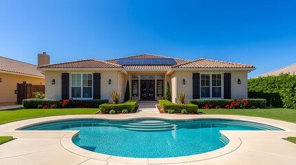 Fototapeta premium Modern single-story luxury home with swimming pool in sunny suburban neighborhood