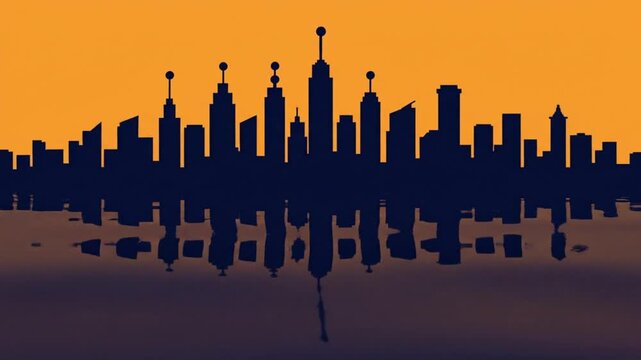 Perfectly Symmetrical Flat Vector Illustration of City Skyline Reflected Flawlessly in Still Water