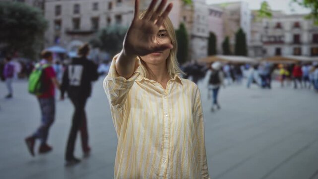 Young blonde woman raising open hand, palm blocking camera amid a crowded pedestrian street with cafe terraces and blurred crowd; privacy boundary.