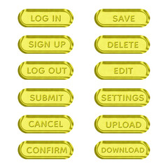 Fototapeta premium Luxury Gold Glitter 3D UI Button Set with Glossy Metallic Finish, Premium Rounded Interface Elements for Login Sign Up Log Out Save Delete Edit Settings Upload Download Submit Cancel Confirm Controls