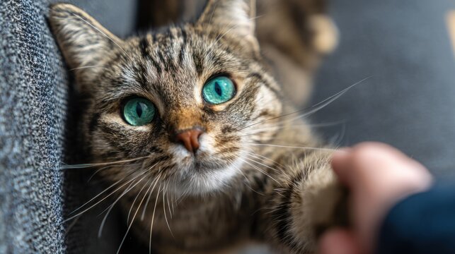 An angry tabby cat with piercing green eyes and striped fur expressing aggression or agitation