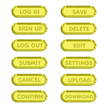 Luxury Gold Glitter 3D UI Button Set with Glossy Metallic Finish, Premium Rounded Interface Elements for Login Sign Up Log Out Save Delete Edit Settings Upload Download Submit Cancel Confirm Controls