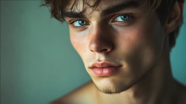 This captures a moment of introspection for a young man with striking blue eyes. The soft lighting and the focus on his face create an intimate and thoughtful atmosphere.