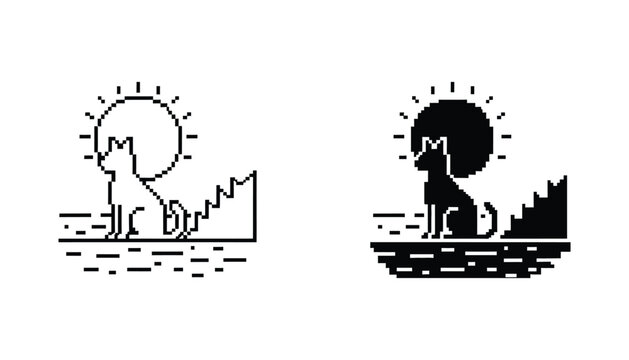 Cat sitting sun landscape pixel art game icon digital design