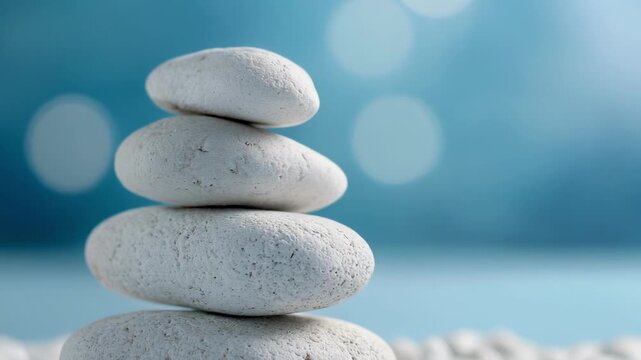 Stacked white stones for relaxation and balance with soft blue bokeh background