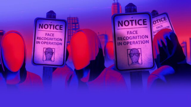 A group of faceless spinning mannequins and political statements contained on street signs on an endless loop.
