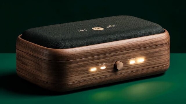 Elegant wooden Bluetooth speaker with fabric top and glowing control lights on green surface