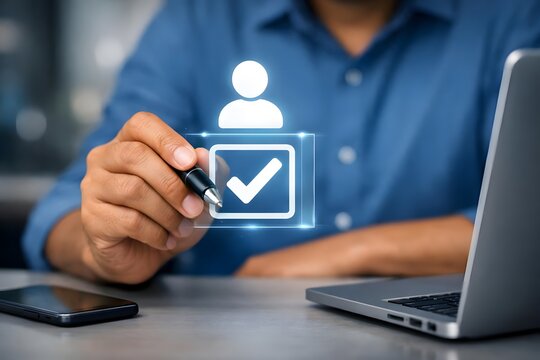 Know your customer (KYC) concept. Businessman use laptop with identity verification symbol for Increase financial security and access personal financial data. Biometrics security.