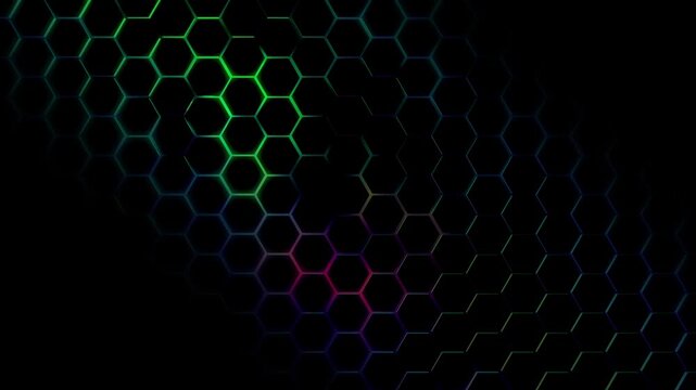 Abstract video of a dark hexagonal grid with vibrant green, blue and pink neon lights pulsating through the cells. Concept of futuristic digital network and cyber world