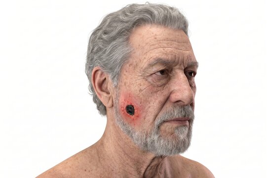Cutaneous anthrax infection on the human face. Demonstrates the classic clinical presentation of a central black necrotic eschar surrounded by pronounced erythema, generative ai illustration