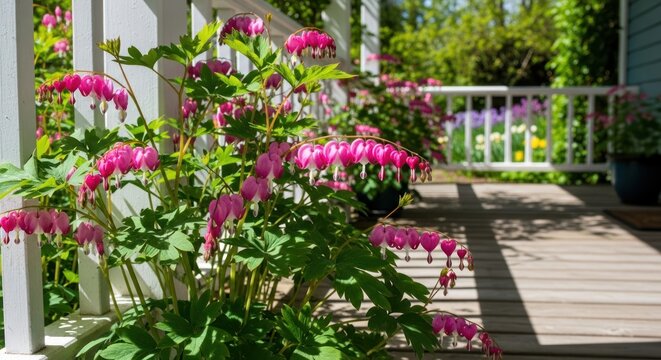 Pink flowers on a wooden porch with white railing