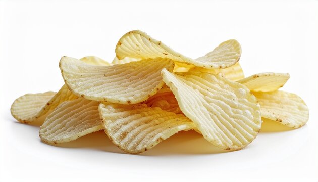 Pile of crispy potato chips or snack food flakes on a white background, high-angle close-up shot of savory snack texture, perfect for food photography and advertising