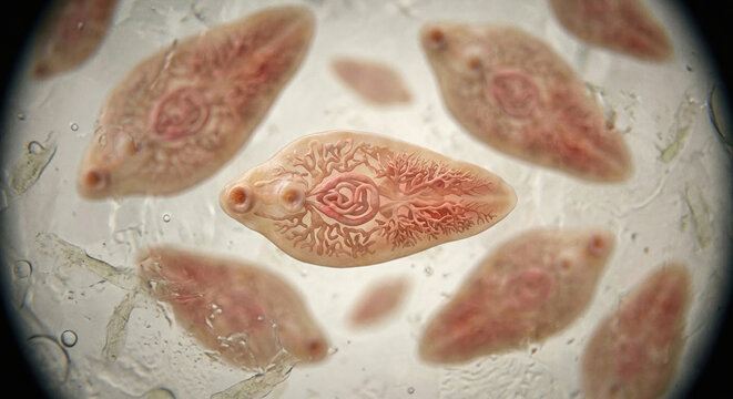 Fasciola hepatica adult fluke with internal branching structures and reproductive system, detailed parasitic anatomy, isolated biological subject, generative ai illustration