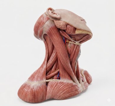 Detailed lateral view of human cervical musculature, demonstrating superficial and deep neck muscles, including sternocleidomastoid, scalene, and suprahyoid groups, generative ai illustration