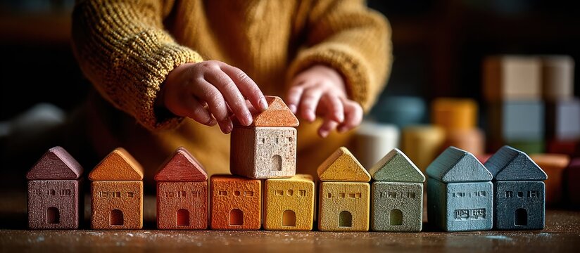 A child's hands place a toy house block on others