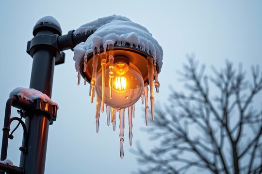 A streetlamp flickering and finally dying as a thick layer of ice encases its electrical housing.