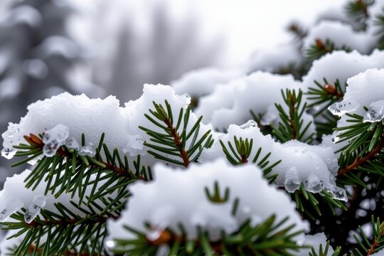 Jagged shards of flying ice acting like shrapnel, tearing through the leaves of an evergreen tree.