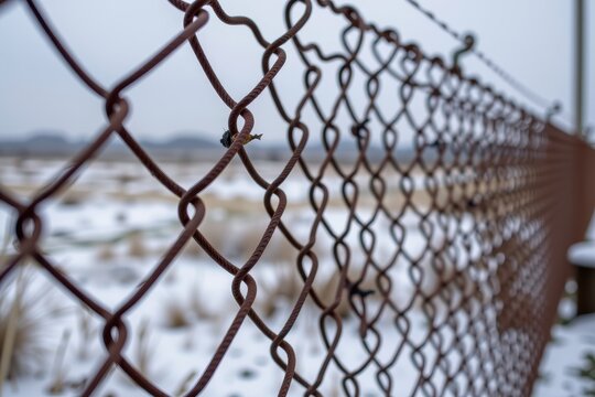 A rusted chain link fence humming and vibrating loudly from the force of freezing wind.