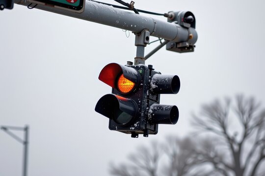 A traffic light swinging so violently in the winter gale that it repeatedly smashes against its own metal pole.