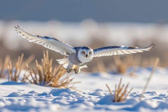A lone snowy owl flying low to the ground, battling a brutal crosswind that kicks up blinding clouds of snow dust.
