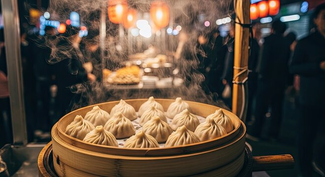 A bustling night market with vibrant lanterns and steaming food stalls, where people are engaged in various activities such as shopping, eating, and socializing.