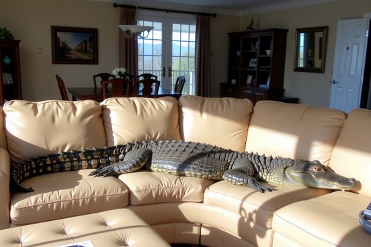 A massive alligator resting calmly on a submerged leather sectional sofa in a sunlit living room.