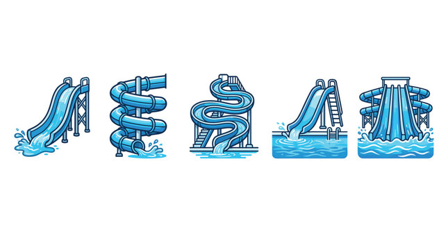 Water slides collection featuring various blue amusement park attractions with splashing water, perfect for summer fun and aquatic recreation concepts.