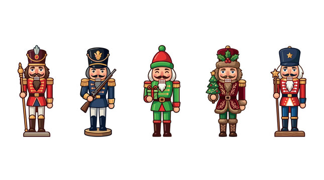 Five cartoon nutcracker soldiers standing upright in various festive and traditional uniforms, ready to bring holiday cheer and classic charm.